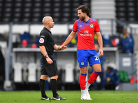  
Referee Andy Woolmer and Ben Brereton of Blackburn Rovers during the Sky Bet Championship match between Derby County and Blackburn Rovers...