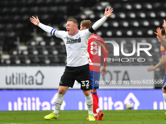  
Wayne Rooney of Derby County gestures at Referee, Andy Woolmer during the Sky Bet Championship match between Derby County and Blackburn R...