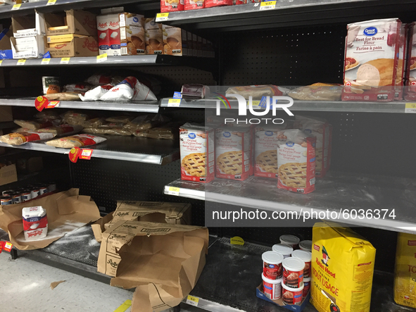 Grocery store shelves begin to empty as panic buying resumes ahead of the second wave of the novel coronavirus (COVID-19) outbreak in Toront...