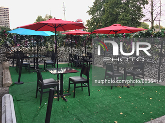 Empty restaurant patio seen during the novel coronavirus (COVID-19) pandemic in Toronto, Ontario, Canada on September 24, 2020. Infections c...