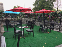 Empty restaurant patio seen during the novel coronavirus (COVID-19) pandemic in Toronto, Ontario, Canada on September 24, 2020. Infections c...