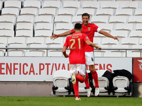 Ruben Dias of SL Benfica (R ) celebrates with Pizzi after scoring during the Portuguese League football match between SL Benfica and Moreire...