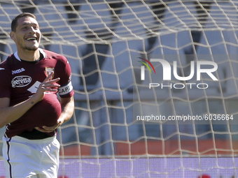 Andrea Belotti of Torino FC celebrates after scoring the his goal during the Serie A match between Torino FC and Atalanta BC at Stadio Olimp...