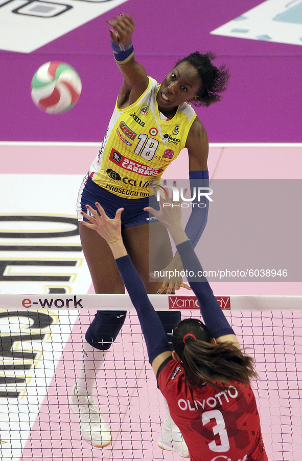 Paola Egonu of Imoco Volley Conegliano in action during the Volleyball Women Serie A match between Busto Arsizio Volley and Imoco Volley Con...