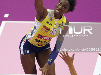 Paola Egonu of Imoco Volley Conegliano in action during the Volleyball Women Serie A match between Busto Arsizio Volley and Imoco Volley Con...