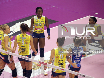 Paola Egonu of Imoco Volley Conegliano celebrates with team-mates during the Volleyball Women Serie A match between Busto Arsizio Volley and...