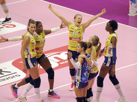 Joanna Wolosz of Imoco Volley Conegliano celebrate a victory with Paola Egonu of Imoco Volley Conegliano, Miriam Sylla of Imoco Volley Coneg...