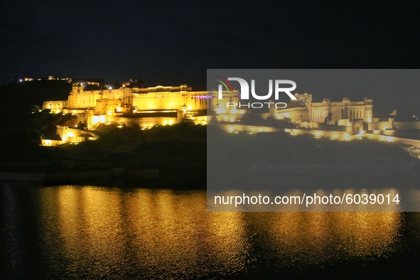Historic Amer Fort illuminated on the occasion of World Tourism Day, in Jaipur, Rajasthan, India, on September 27, 2020. 