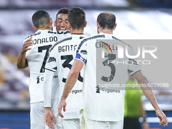 Cristiano Ronaldo of Juventus FC celebrates with his teammates scoring second goal during the Serie A match between AS Roma and Juventus FC...