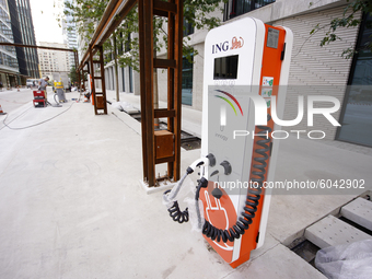 An electric car charging station is seen at a building site in Warsaw, Poland on September 25, 2020. ING Bank Slaski, a Polish subsidiary of...