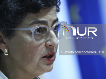 Spain's Foreign Minister Arancha Gonzalez Laya speaks during a news conference with her Cypriot countepart Nikos Christodoulides at the Cypr...