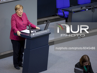 Chancellor Angela Merkel (CDU) speaks during the general debate on the federal budget in the Bundestag in Berlin, Germany, on September 30,...