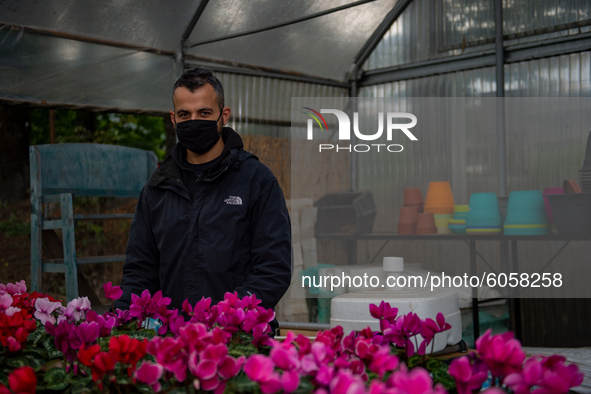 The work of small and medium artisans during the coronavirus emergency, in their small shops.
In the photo a florist , in Rieti, Italy, on O...