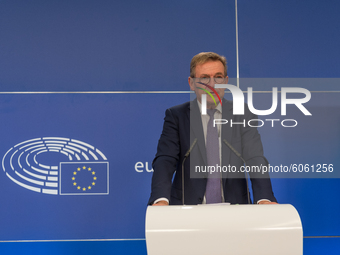  Chair of the Committee on Budgets Johan Van Overtveld give a press converence in Brussels,Belgium on 05 October 2020. The members of the Pa...