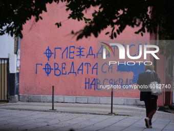 A graffiti of on a building seen in Sofia center.
On Monday, October 5, 2020, in Sofia, Bulgaria. (