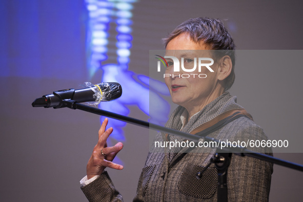 President of Humboldt University for Humboldt Labor Sabine Kunst speaks during a press conference to announce the partial opening in Decembe...