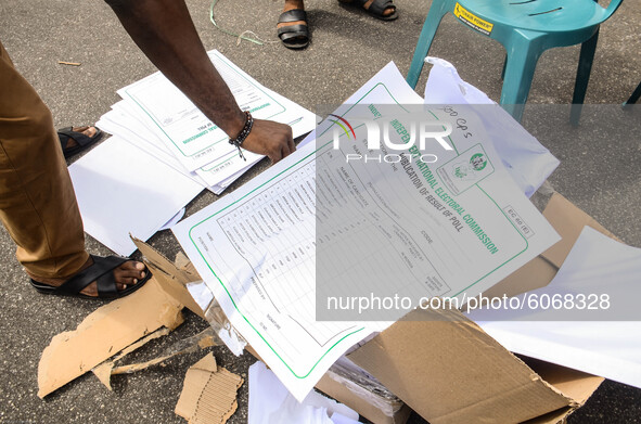 Officials of Independent National Electoral Commission sorting sensitive electoral materials, which is to distributed to different local gov...