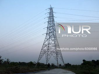 A view of high tension electric tower in the field near Yamuna river at ITO on October 8, 2020 in New Delhi, India. (