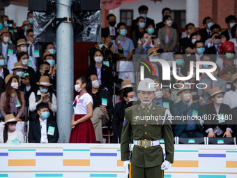 Military police takes guard next to the stage n Taipei, Taiwan on October 10, 2020. Taiwan's President Tsai Ing-wen made a strong speech on...