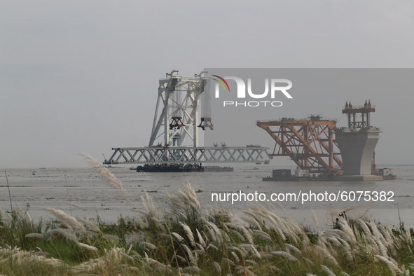 32nd span of the under construction Padma Bridge, a multipurpose road-rail bridge across the Padma River preparing for installation after fo...