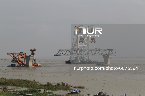 32nd span of the under construction Padma Bridge, a multipurpose road-rail bridge across the Padma River preparing for installation after fo...