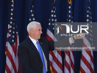 October 10, 2020 - Orlando, Florida, United States - U.S. Vice President Mike Pence arrives on stage to address supporters at a Latinos for...