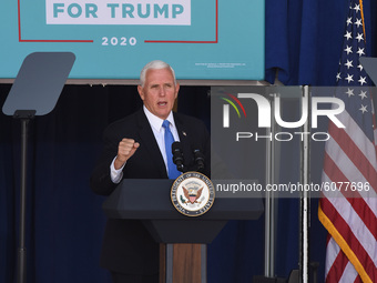 October 10, 2020 - Orlando, Florida, United States - U.S. Vice President Mike Pence addresses supporters at a Latinos for Trump campaign ral...