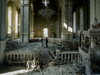 Destruction inside the Ghazanchetsots Cathedral in Shushi, Nagorno Karabakh, after the Azerbaijan shelling in a double attack to the buildin...