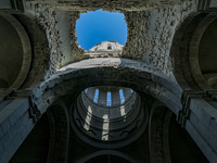 Massive hole in the ceiling of  the Ghazanchetsots Cathedral in Shushi, Nagorno Karabakh, after the Azerbaijan shelling in a double attack t...