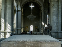 Altar of the destroyed Ghazanchetsots Cathedral in Shushi city, Nagorno Karabakh, after the Azerbaijan shelling of the church in a double at...
