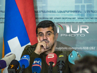 President of Nagorno Karabakh, Arayik Harutyunian, listens a question during a press conference in Stepanakert, capital of Nagorno Karabakh...