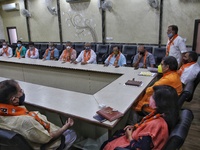 Rajasthan BJP President Satish Poonia with senior party leaders during a meeting ahead of local bodies election, at party office in Jaipur,...