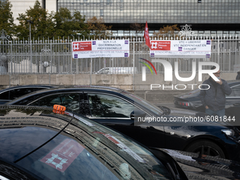 A few hundred VTC drivers are protesting in front of  the ministry of finance, in Paris, France, on October 12, 2020 against the COVID restr...