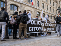 About 30 police officers were protesting in front the police headquarters, the police prefecture of Paris, France, on October 12, 2020 to sh...