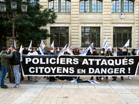 About 30 police officers were protesting in front the police headquarters, the police prefecture of Paris, France, on October 12, 2020 to sh...