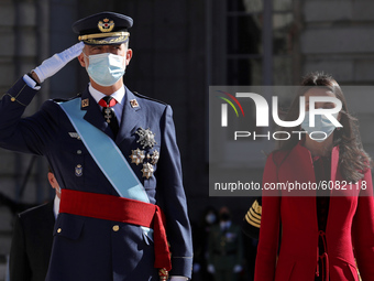 King Felipe VI of Spain, Queen Letizia of Spain attend the National Day Military Parade at the Royal Palace on October 12, 2020 in Madrid, S...