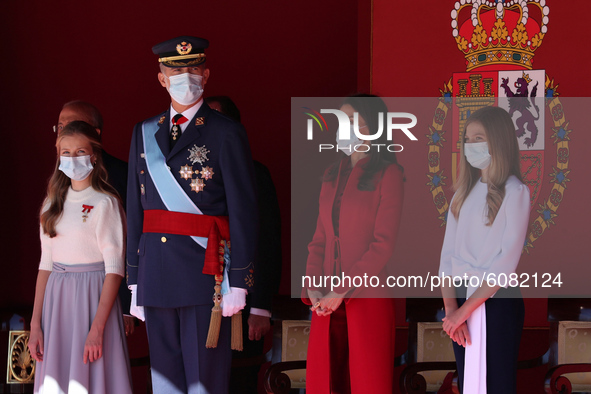 King Felipe VI of Spain, Queen Letizia of Spain, Crown Princess Leonor of Spain  and Princess Sofia of Spain  attend the National Day Milita...
