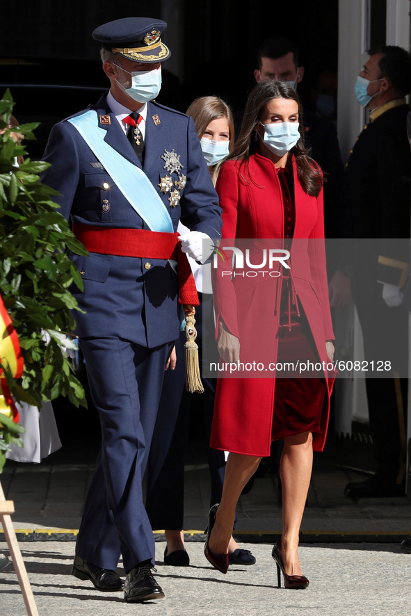 King Felipe VI of Spain, Queen Letizia of Spain,  attend the National Day Military Parade at the Royal Palace on October 12, 2020 in Madrid,...