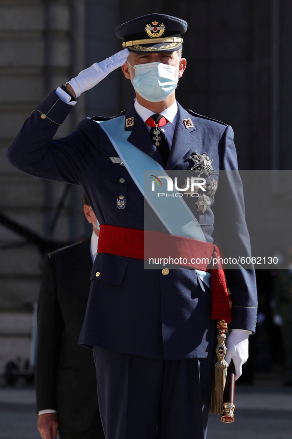 King Felipe VI of Spain, attend the National Day Military Parade at the Royal Palace on October 12, 2020 in Madrid, Spain 