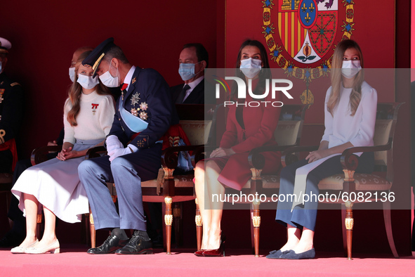 King Felipe VI of Spain, Queen Letizia of Spain, Crown Princess Leonor of Spain  and Princess Sofia of Spain  attend the National Day Milita...