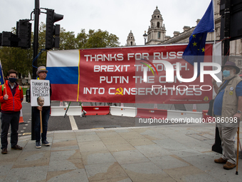 Protesters are demonstrating against Brexit in front of Parliament house during the second wave of Covid-19 pandemic on October 13, 2020, Lo...