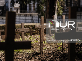 The crosses marking the burials of fetuses were seen at the Nuovissimo cemetery in Poggioreale on 6 October 2020 in Naples, Italy. After a w...