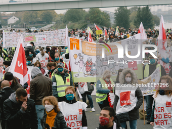 general view of rally organized by verdi union as public sectors workers go on strike in Cologne, Germany, on October 14, 2020.  (