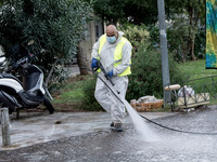 The municipality of Athens cleans Dionysiou Areopagitou on October 14, 2020 in Athens, Greece due to strong winds last night. (