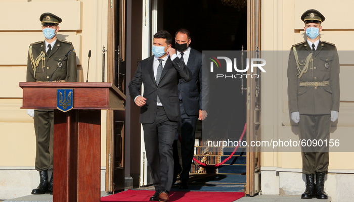 President of Ukraine Volodymyr Zelenskyy arrives at  the official ceremonial residence of the President of Ukraine Mariyinsky Palace to gree...