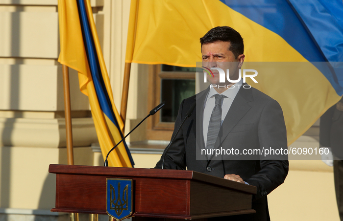 President of Ukraine Volodymyr Zelenskyy addresses the future army officers during their oath ceremony at  the official ceremonial residence...