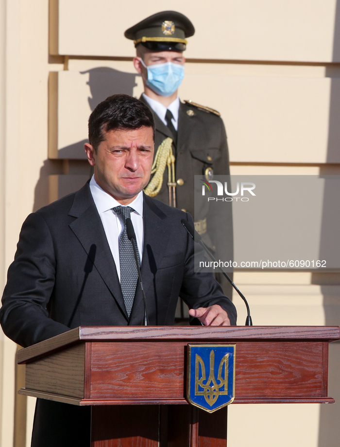 President of Ukraine Volodymyr Zelenskyy addresses the future army officers during their oath ceremony at  the official ceremonial residence...