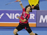 South Korea's Sung Ji Hyun play match during women's single final match against China's Wang Yihan at the Victor Korea Open Badminton final...