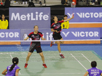 South Korea's Chang Ye Na and her teammate Lee So Hee play match during their women's double final match against Indonesia's Nitya Krishinda...