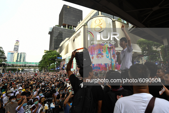 Pro-democracy protesters gather at Ratchaprasong interjection central of Bangkok near Royal Thai Police Headquarter on October 15, 2020 in B...